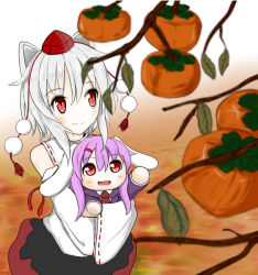 Rule 34 | 2girls, animal ears, blush, chibi, detached sleeves, food, fruit, hair ornament, hairclip, hat, holding, inubashiri momiji, long hair, looking up, mini person, minigirl, multiple girls, nature, necktie, open mouth, persimmon, purple hair, rabbit ears, red eyes, reisen udongein inaba, ribbon, ribbon-trimmed sleeves, ribbon trim, short hair, silver hair, skirt, smile, tokin hat, touhou, wolf ears