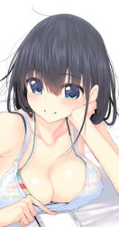 Rule 34 | 1girl, :3, bed sheet, black hair, blue eyes, blush, bra, breasts, cellphone, cleavage, closed mouth, commentary request, head rest, large breasts, looking at viewer, original, phone, shirt, smartphone, smile, solo, suga hideo, underwear, white shirt