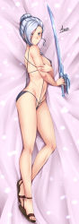 Rule 34 | 1girl, absurdres, adsouto, asymmetrical bangs, blush, breasts, closed mouth, covered erect nipples, dakimakura (medium), eyes visible through hair, frown, full body, groin, hair bun, hair over one eye, highres, holding, holding sword, holding weapon, lying, medium breasts, navel, on side, rwby, sideboob, silver hair, single hair bun, slingshot swimsuit, solo, swimsuit, sword, weapon, winter schnee