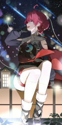 1girl :d absurdres ahoge black_dress black_gloves blue_eyes boots clothing_cutout collar commentary danjin_(wuthering_waves) dress english_commentary folded_braid gloves hand_up highres jewelry looking_up medium_hair open_mouth outdoors pouch red_hair ryeon_(bluetom1) shooting_star shoulder_cutout sitting smile soaking_feet socks solo tacet_mark_(wuthering_waves) teeth thigh_pouch upper_teeth_only white_collar white_socks wuthering_waves