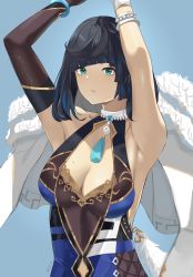Rule 34 | 1girl, armpits, arms up, bare shoulders, black gloves, black hair, blue background, blue dress, blunt bangs, bracelet, breasts, cleavage, commentary request, dress, elbow gloves, fur-trimmed jacket, fur trim, genshin impact, gloves, green eyes, highres, jacket, jewelry, large breasts, mole, mole on breast, nana24, short hair, simple background, single glove, sleeveless, sleeveless dress, solo, upper body, white jacket, yelan (genshin impact)