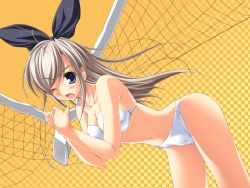 Rule 34 | 1girl, artist request, bent over, bikini, black bow, bow, brown hair, character request, copyright request, hair bow, hair ornament, long hair, one eye closed, playing sports, solo, swimsuit, volleyball, volleyball net, white bikini, wink