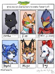 Rule 34 | animal ears, animal nose, beak, bird boy, black sclera, blue eyes, blue fur, body fur, bow, closed mouth, colored sclera, commentary, dog girl, earrings, english commentary, english text, falco lombardi, fay spaniel, fox boy, fox mccloud, furry, furry female, furry male, green eyes, highres, jewelry, krystal, looking at viewer, lynx girl, miyu lynx, multiple drawing challenge, necktie, nintendo, panther boy, panther caroso, panther ears, pruh, purple eyes, red bow, single earring, six fanarts challenge, snout, star fox, star fox assault, whiskers, white fur, yellow eyes