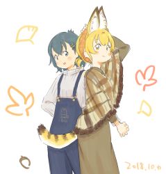 Rule 34 | 2girls, :d, alternate costume, animal ear fluff, animal ears, black hair, blonde hair, commentary request, dated, extra ears, hair ornament, hairclip, holding hands, hand on own head, interlocked fingers, kaban (kemono friends), kemono friends, long sleeves, looking at viewer, multiple girls, open mouth, overalls, poncho, serval (kemono friends), serval tail, short hair, simple background, smile, tail, wamakwp, white background, yellow eyes