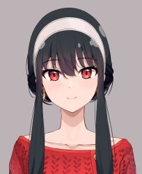 Rule 34 | 1girl, black hair, blush, collarbone, earrings, face, grey background, hair bun, hairband, half-closed eyes, happy, highres, jewelry, looking at viewer, plo1154, red sweater, sidelocks, simple background, single hair bun, smile, solo, sparkle, spy x family, sweater, white hairband, yor briar