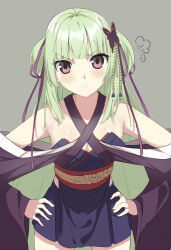 Rule 34 | 1girl, :t, absurdres, angry, bare shoulders, black kimono, black skirt, blunt bangs, blunt ends, blush, breasts, closed mouth, commentary, cowboy shot, criss-cross halter, detached sleeves, eyelashes, frown, green hair, grey background, hair ribbon, halterneck, hands on own hips, highres, hime cut, japanese clothes, kimono, kosh, long hair, long ribbon, long sleeves, looking at viewer, miniskirt, murasame (senren), pout, puff of air, purple ribbon, red eyes, red sash, ribbon, sash, senren banka, shiny skin, sidelocks, simple background, skirt, small breasts, solo, standing, straight-on, straight hair, v-shaped eyebrows, very long hair, wide sleeves