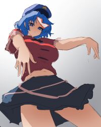 Rule 34 | 1girl, absurdres, black skirt, blue eyes, blue hair, blue hat, breasts, gradient background, grey background, hat, highres, jiangshi, large breasts, looking at viewer, miyako yoshika, moriforest1040, navel, outstretched arms, red shirt, shirt, short hair, skirt, solo, touhou, unfinished