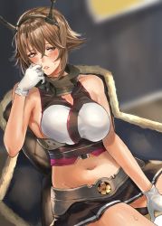 Rule 34 | bare shoulders, blush, breasts, brown eyes, brown hair, gloves, hair between eyes, hairband, headgear, highres, inusaka, kantai collection, large breasts, looking at viewer, midriff, miniskirt, mutsu (kancolle), navel, open mouth, radio antenna, short hair, sitting, skirt, solo, white gloves