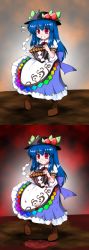 Rule 34 | 1girl, blood, blue hair, female focus, food, fruit, hat, highres, hinanawi tenshi, keystone, non-web source, peach, red eyes, rope, sequential, shide, shimenawa, touhou