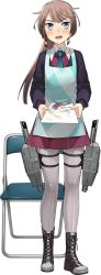 Rule 34 | 1girl, blue eyes, blue necktie, blush, boots, brown footwear, brown hair, chair, cross-laced footwear, dress, fujikawa, full body, grey pantyhose, kantai collection, kazagumo (kancolle), lace-up boots, long hair, long sleeves, necktie, official art, open mouth, pantyhose, ponytail, purple dress, solo, standing, transparent background, white background