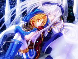 Rule 34 | 2boys, alexander pastener, apocripha/0, blonde hair, blue eyes, blue footwear, blue gloves, blue hat, boots, brothers, cape, character request, family, gloves, hat, long hair, multiple boys, pants, platina pastener, purple ribbon, red eyes, ribbon, shoes, short hair, siblings, striped clothes, striped pants, white hair
