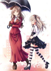 Rule 34 | 10s, 2girls, :d, akashio (loli ace), black bow, blonde hair, boots, bow, brown eyes, cross-laced footwear, formal, from side, full body, girls und panzer, hair bow, hair ribbon, hairband, hat, high-waist skirt, highres, holding, holding umbrella, lace-up boots, long hair, long sleeves, looking at another, mother and daughter, multiple girls, open mouth, parasol, parted lips, petals, profile, ribbon, shimada arisu, shimada chiyo, sidelocks, silver hair, skirt, skirt suit, smile, standing, striped clothes, striped legwear, striped thighhighs, suit, suspender skirt, suspenders, thighhighs, twintails, umbrella