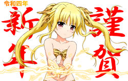 Rule 34 | 1girl, animal print, text background, bikini, blonde hair, breasts, chinese zodiac, closed mouth, commentary request, electricity, enma702, fate testarossa, finger gun, front-tie bikini top, front-tie top, hair ribbon, half-closed eyes, happy new year, head tilt, highres, looking at viewer, lyrical nanoha, mahou shoujo lyrical nanoha, new year, own hands together, pointing, pointing at viewer, print bikini, print ribbon, red eyes, ribbon, small breasts, smile, solo, strapless, strapless bikini, swimsuit, tiger print, translated, twintails, white background, year of the tiger, yellow bikini, yellow ribbon