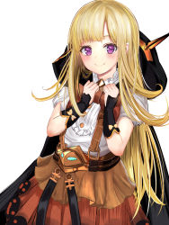 Rule 34 | 1girl, absurdres, belt, blonde hair, blush, bow, bowtie, brown bow, brown bowtie, brown skirt, buttons, cagliostro (granblue fantasy), cloak, closed mouth, efuri (riarea00), frilled shirt, frills, granblue fantasy, hands up, highres, hood, hooded cloak, long hair, looking at viewer, purple eyes, shirt, short sleeves, sidelocks, simple background, skirt, smile, solo, suspenders, very long hair, white background, white shirt