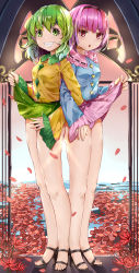 Rule 34 | 2girls, ass, bare legs, black footwear, black panties, blocking, blue shirt, blush, breasts, buttons, clothes lift, clothes pull, commentary request, denpajin-ryuushi, feet, frilled shirt collar, frills, full body, green eyes, green hair, green skirt, grin, hairband, heart, heart button, high heels, highres, komeiji koishi, komeiji satori, legs, lifted by self, long legs, looking at viewer, medium breasts, multiple girls, no headwear, no headwear, open mouth, panties, petals, petals on liquid, pink eyes, pink hair, pink panties, pink skirt, sandals, sharp teeth, shirt, short hair, side-by-side, skirt, skirt lift, skirt pull, sleeves past wrists, smile, standing, teeth, thighs, toenails, toes, touhou, underwear, water, yellow shirt