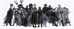 Rule 34 | ..., 6+boys, 6+girls, absurdres, antlers, arm up, bird, black capelet, black cloak, black dress, black footwear, black gloves, black hair, bloodborne, bloody crow of cainhurst, blue coat, bonnet, boots, brown capelet, brown hair, brown scarf, cage, cape, capelet, celestial child, celestial minion, chair, character request, chinese commentary, cloak, closed eyes, coat, commentary request, covered eyes, covered face, cross-laced footwear, crow, dress, elbow gloves, everyone, fringe trim, full body, fur cape, gehrman the first hunter, gloves, grey cape, grey hair, hat, helm, helmet, highres, holding, holding clothes, holding hat, hood, hood up, horns, hunter (bloodborne), iosefka, jewelry, knee boots, lady maria of the astral clocktower, laurence the first vicar, mask, micolash host of the nightmare, mouth mask, multiple boys, multiple girls, open mouth, pendant, plain doll, ponytail, ramiica, red headwear, saint adeline, scarf, shared speech bubble, short hair, simple background, sitting, smile, speech bubble, spoken ellipsis, spoken object, tombstone, torn cloak, torn clothes, vicar amelia, wheelchair, white background, white cape, white dress, yurie the last scholar