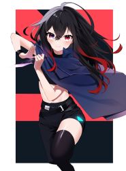 Rule 34 | 1girl, absurdres, ahoge, belt, black hair, black thighhighs, blue cloak, blue eyes, border, character request, cloak, commission, copyright request, dagger, glowing, gradient hair, highres, holding, holding dagger, holding knife, holding weapon, huge ahoge, knife, long hair, multicolored eyes, multicolored hair, red eyes, red hair, single thighhigh, skeb commission, solo, thighhighs, tyazakura sayu, virtual youtuber, weapon, white border