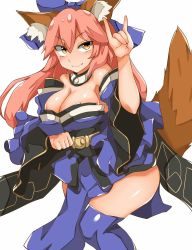 Rule 34 | 1girl, animal ear fluff, animal ears, bare shoulders, blue bow, blue kimono, blue sleeves, blue thighhighs, bow, breasts, cleavage, closed mouth, commentary request, detached collar, detached sleeves, fang, fang out, fate/extra, fate (series), fox ears, fox girl, fox shadow puppet, fox tail, gold trim, hair between eyes, hair bow, hand up, highres, japanese clothes, kimono, large bow, large breasts, long hair, long sleeves, looking at viewer, nasunasuurin, no bra, pink hair, sideboob, smile, solo, tail, tamamo (fate), tamamo no mae (fate/extra), thighhighs, tsurime, wide sleeves, yellow eyes