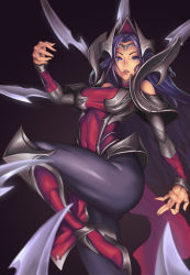 Rule 34 | 1girl, armor, armored boots, bare shoulders, black background, black legwear, blade, blue eyes, blue hair, boots, breasts, covered navel, forehead protector, highres, irelia, league of legends, leg up, lips, long hair, medium breasts, off shoulder, parted bangs, parted lips, pelvic curtain, platinum disco, simple background, solo