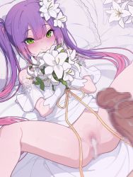 Rule 34 | 1boy, 1girl, after vaginal, aftersex, bare shoulders, blush, bouquet, breasts, censored, closed mouth, cum, cum in pussy, cumdrip, dress, elbow gloves, erection, flower, gloves, green eyes, hair flower, hair ornament, hetero, highres, hololive, kakure eria, long hair, looking at viewer, lying, md5 mismatch, mosaic censoring, no panties, on back, penis, purple hair, pussy, resolution mismatch, small breasts, smile, source smaller, spread legs, thighs, tokoyami towa, twintails, virtual youtuber, wedding dress, white dress, white gloves