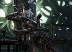 Rule 34 | 1girl, ascot, blood, bloodborne, blue eyes, boots, cape, chair, coat, flower, gem, gloves, hat, hat feather, holding, lady maria of the astral clocktower, long hair, looking at viewer, ponytail, rakuyo (bloodborne), sarayu ruangvesh, solo, sword, the old hunters, tricorne, weapon, white hair