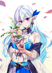 Rule 34 | 1girl, absurdres, bandeau, bare shoulders, belt, blue hair, bouquet, bracelet, braid, breasts, closed mouth, colored inner hair, detached collar, detached sleeves, earrings, flower, glint, highres, holding, holding bouquet, jewelry, kasumi komo, long hair, medium breasts, midriff, multicolored hair, navel, original, petals, purple eyes, see-through, see-through sleeves, skirt, smile, solo, stomach, two-tone hair, upper body, white hair, wide sleeves