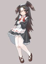 Rule 34 | alternate costume, apron, bird girl, bird wings, black dress, blush, bow, bowtie, brown eyes, brown footwear, brown hair, circlet, collar, commentary request, dress, enmaided, frilled collar, frilled cuffs, frilled dress, frills, full body, hand on own chest, head wings, highres, japari symbol, kemono friends, kemono friends 3, long hair, long sleeves, looking at viewer, maid, maid apron, maid headdress, multicolored hair, official alternate costume, pantyhose, red bow, red bowtie, sleeve cuffs, striated caracara (kemono friends), two-tone hair, uf34a, white apron, white hair, white pantyhose, wings