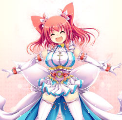 Rule 34 | 1girl, alternate costume, belt, breasts, circle skirt, coin, cross, elbow gloves, female focus, gloves, hair ribbon, heart, highres, ichirino minagi, large breasts, magical girl, neckerchief, onozuka komachi, open mouth, outstretched arms, red hair, ribbon, shirt, skirt, smile, solo, thighhighs, touhou, twintails, two side up, white gloves, white thighhighs, zettai ryouiki