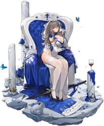 Rule 34 | 1girl, azur lane, bare shoulders, black footwear, blue choker, breasts, bridal gauntlets, choker, cleavage, closed mouth, cup, dress, drinking glass, full body, grey hair, high heels, highres, kishiyo, lace trim, large breasts, long hair, looking at viewer, mole, mole on breast, no panties, official alternate costume, official art, red eyes, ribbon choker, saint-louis (azur lane), saint-louis (holy knight&#039;s resplendence) (azur lane), side slit, sitting, sleeveless, sleeveless dress, solo, sword, thighhighs, thighs, throne, transparent background, weapon, white dress, white thighhighs, wine glass
