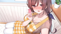 Rule 34 | 1girl, absurdres, apron, bathroom, bekotarou, blush, breasts, brown eyes, brown hair, checkered apron, checkered clothes, cleavage, controller, egg vibrator, embarrassed, female focus, from above, hand up, highres, holding, holding controller, indoors, large breasts, legs, light smile, long hair, looking at viewer, low ponytail, mankai kaika, matching hair/eyes, mature female, nose blush, open mouth, original, remote control, remote control vibrator, sex toy, sitting, smile, solo, thighs, toilet, vibrator