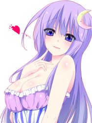 Rule 34 | 1girl, asn s, babydoll, bad id, bad pixiv id, bare arms, bare shoulders, blush, breasts, cleavage, crescent, crescent hair ornament, finger to cheek, hair ornament, heart, highres, large breasts, long hair, looking at viewer, no headwear, patchouli knowledge, purple eyes, purple hair, smirk, solo, touhou, upper body, very long hair