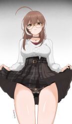 Rule 34 | 1girl, absurdres, ahoge, anyacchi, black choker, black hair, black panties, breasts, brown eyes, brown skirt, choker, clothes lift, disgust, earrings, glasses, highres, hololive, hololive english, jewelry, lace, lace panties, lifted by self, long hair, medium breasts, multicolored hair, nanashi mumei, nanashi mumei (casual), panties, plaid, plaid skirt, single earring, skirt, skirt lift, solo, streaked hair, sweater, underwear, virtual youtuber, white hair, white sweater, yellow-framed eyewear