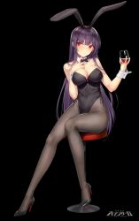 Rule 34 | 1girl, alcohol, animal ears, black background, black bow, black bowtie, black hair, black leotard, black pantyhose, blunt bangs, bow, bowtie, breasts, character request, cleavage, cup, d. (ddot2018), detached collar, drinking glass, fake animal ears, full body, highres, iron saga, leotard, logo, long hair, looking to the side, medium breasts, pantyhose, playboy bunny, rabbit ears, rabbit girl, red eyes, revision, sitting, solo, stool, strapless, strapless leotard, wine, wine glass, wrist cuffs