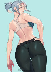 Rule 34 | 1girl, absurdres, ass, back, black pants, blue eyes, breasts, from behind, grey hair, hand on own hip, highres, jett (valorant), kagematsuri, looking back, medium breasts, pants, panty straps, parted lips, ponytail, solo, sports bra, thigh gap, tight clothes, tight pants, valorant, yoga pants