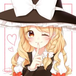 Rule 34 | 1girl, artist name, bad id, bad pixiv id, blonde hair, blush, border, bow, braid, closed mouth, commentary request, eyes visible through hair, finger to mouth, hair bow, hat, hat bow, heart, highres, kirisame marisa, long hair, one eye closed, pink border, red bow, shinonome asu, signature, simple background, smile, solo, touhou, white bow, witch hat, yellow eyes