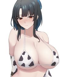Rule 34 | 1girl, animal print, beret, bikini, black hair, blue hat, blush, breasts, cleavage, collarbone, cow print, elbow gloves, gloves, hat, highres, kantai collection, large breasts, looking at viewer, micro bikini, red eyes, short hair, sidelocks, simple background, solo, swimsuit, takaman (gaffe), takao (kancolle), white background