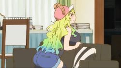 Rule 34 | animated, ass, breasts, green hair, horns, huge breasts, kneeling, kobayashi-san chi no maidragon, lucoa (maidragon), short shorts, shorts, tank top, thighhighs