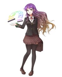 Rule 34 | 1girl, alternate costume, bad id, bad twitter id, beads, black thighhighs, bracelet, brown hair, full body, gradient hair, highres, hijiri byakuren, jacket, jewelry, long hair, long sleeves, looking at viewer, miniskirt, minust, multicolored hair, open mouth, plaid, plaid skirt, purple hair, school uniform, shirt, shoes, simple background, skirt, smile, solo, sorcerer&#039;s sutra scroll, thighhighs, touhou, two-tone hair, vest, white background, yellow eyes, zettai ryouiki