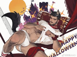 Rule 34 | 1boy, abs, amo (amo9612), animal costume, animal ears, arm hair, bara, beard, black hair, bulge, castle, city lights, clothes lift, dutch angle, facial hair, feet out of frame, gluteal fold, hairy, halloween, halloween costume, happy halloween, jockstrap, leg hair, lifted by self, looking at viewer, male focus, male underwear, muscular, nail polish, navel, navel hair, original, red eyes, shirt, shirt lift, short hair, solo, sparkle, tail, thick thighs, thighs, underwear, undressing, werewolf, white shirt, wolf boy, wolf costume, wolf ears, wolf tail