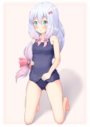 Rule 34 | 10s, 1girl, :o, aqua eyes, barefoot, beige background, blue one-piece swimsuit, blush, bow, breasts, covered navel, eromanga sensei, framed, full body, hair between eyes, hair bow, hand on own stomach, highres, izumi sagiri, long hair, looking down, low-tied long hair, medium breasts, mochiyuki, one-piece swimsuit, parted lips, pink bow, school swimsuit, shadow, silver hair, solo, sora (kari), swimsuit, tareme