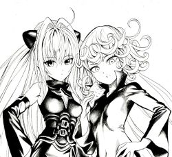 Rule 34 | 2girls, ahoge, arm belt, bare shoulders, belt, black dress, breasts, commentary request, covered navel, crossover, curly hair, detached sleeves, dress, eating, food, food on face, from below, greyscale, hair between eyes, hair intakes, hand on own hip, headgear, high collar, holding, holding food, konjiki no yami, long hair, long sleeves, looking at viewer, looking down, medium breasts, monochrome, multiple girls, murata yuusuke, one-punch man, simple background, small breasts, standing, tatsumaki, to love-ru, white background, wide sleeves