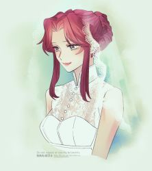 Rule 34 | 1girl, artist name, breasts, bridal veil, bride, buttons, dress, earrings, flay allster, green background, grey eyes, gundam, gundam seed, hair bun, hair up, high collar, jewelry, lace, looking to the side, medium breasts, nito minatsuki, parted bangs, red hair, sidelocks, sleeveless, sleeveless dress, smile, solo, twitter username, upper body, veil, wedding dress, white dress