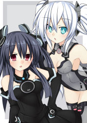Rule 34 | 10s, 2girls, aqua eyes, bare shoulders, black hair, black heart (neptunia), blush, elbow gloves, gloves, hair ornament, hair ribbon, hand on own hip, kami jigen game neptune v, leotard, looking at viewer, meimu (infinity), multiple girls, neptune (series), noire (neptunia), open mouth, red eyes, ribbon, siblings, sisters, thighhighs, twintails, two side up, uni (neptunia), white hair