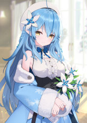Rule 34 | 1girl, ahoge, bell (oppore coppore), beret, blue bow, blue flower, blue hair, blue jacket, blue nails, blue skirt, blurry, blurry background, bow, braid, breasts, brown eyes, center frills, closed mouth, commentary request, depth of field, flower, frills, fur-trimmed jacket, fur-trimmed sleeves, fur trim, hair between eyes, hair flower, hair ornament, half updo, hat, highres, hololive, jacket, long hair, long sleeves, medium breasts, multicolored hair, nail polish, off shoulder, open clothes, open jacket, plaid, plaid bow, pleated skirt, pointy ears, shirt, skirt, sleeveless, sleeveless shirt, sleeves past wrists, smile, solo, streaked hair, very long hair, virtual youtuber, white flower, white hat, white shirt, wide sleeves, yukihana lamy