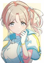 Rule 34 | 1girl, blue jacket, blue shirt, blush, brown hair, cb (cb hayaoki), closed mouth, cropped jacket, cropped shirt, dot nose, fingerless gloves, fishnet armwear, gloves, gradient background, hair ribbon, highres, ichikawa hinana, idolmaster, idolmaster shiny colors, jacket, jewelry, long hair, looking at viewer, necklace, open clothes, open jacket, parted bangs, ribbon, shirt, short sleeves, side ponytail, simple background, solo, upper body, white gloves, white ribbon, yellow background