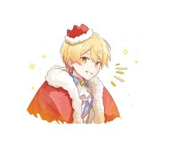 Rule 34 | 1boy, blonde hair, buttons, cape, collared shirt, commentary request, frilled shirt collar, frills, fur trim, hair between eyes, hane k2, hat, male focus, orange eyes, project sekai, red cape, shirt, short hair, smile, solo, star (symbol), teeth, tenma tsukasa, upper body, white background