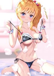 Rule 34 | 1girl, bath, bikini, black bikini, blonde hair, blue eyes, blurry, blush, breasts, closed mouth, depth of field, hair ornament, highres, idolmaster, idolmaster cinderella girls, idolmaster cinderella girls starlight stage, large breasts, long hair, looking at viewer, navel, ohtsuki yui, seiza, side ponytail, sitting, smile, soap bubbles, solo, swimsuit, tudon (donut), undressing, wavy hair
