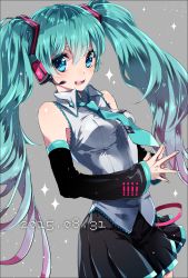 Rule 34 | 1girl, 2015, aqua eyes, aqua hair, bare shoulders, blush, dated, detached sleeves, grey background, hair between eyes, hatsune miku, headset, highres, long twintails, looking at viewer, nail polish, necktie, open mouth, samei ikusa, skirt, solo, steepled fingers, twintails, vocaloid