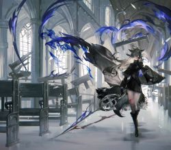 Rule 34 | animal ear fluff, animal ears, architecture, arknights, artist request, bad id, bad twitter id, bandeau, bench, black coat, black jacket, black nails, black shorts, blue eyes, chair, church, coat, gothic architecture, grey eyes, hair ornament, hairclip, holding, holding sword, holding weapon, indoors, jacket, lappland (arknights), lappland (refined horrormare) (arknights), material growth, nail polish, official alternate costume, oripathy lesion (arknights), scar, scar across eye, scar on face, shorts, silver hair, solo, stained glass, strapless, sword, tail, tube top, weapon, wolf ears, wolf girl, wolf tail