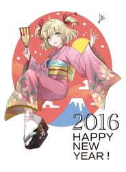 Rule 34 | 1girl, 2016, :d, absurdres, blonde hair, commentary request, english text, floral print, from side, full body, green eyes, hagoita, hair ribbon, hands up, hanetsuki, happy new year, highres, holding, japanese clothes, kimono, long sleeves, looking at viewer, looking to the side, maruchi, new year, obi, open mouth, original, paddle, pink kimono, platform clogs, red ribbon, ribbon, sandals, sash, smile, solo, tabi, two side up, white legwear, wide sleeves
